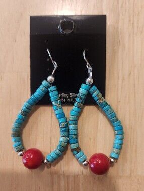 Turquoise Heishi Beaded Hoop Dangle Earrings with Red Coral, Sterling Silver